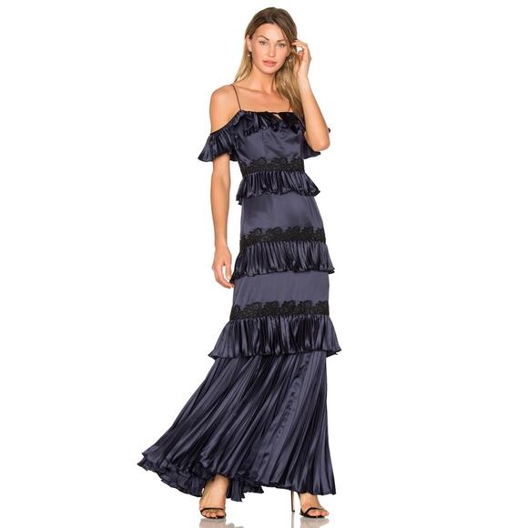 AMUR Ariel Satin Off the Shoulder Pleated Lace Maxi Dress Gown Navy Blue Size 0 - Picture 1 of 9